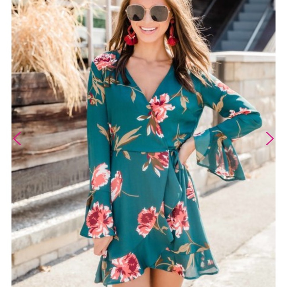 Green floral wrap dress